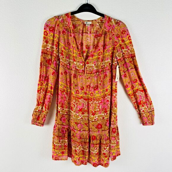 Billabong Dresses & Skirts - Billabong Mini Dress Hearts Desire Multicolor Floral Long Sleeve V Neck Size XS